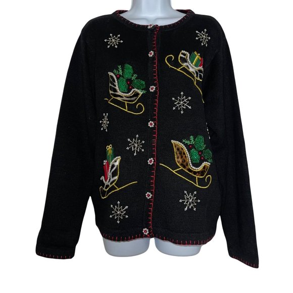 B.P. Design Vintage 1990's Black Embellished Ugly Christmas Cardigan Sweater M - Picture 1 of 9